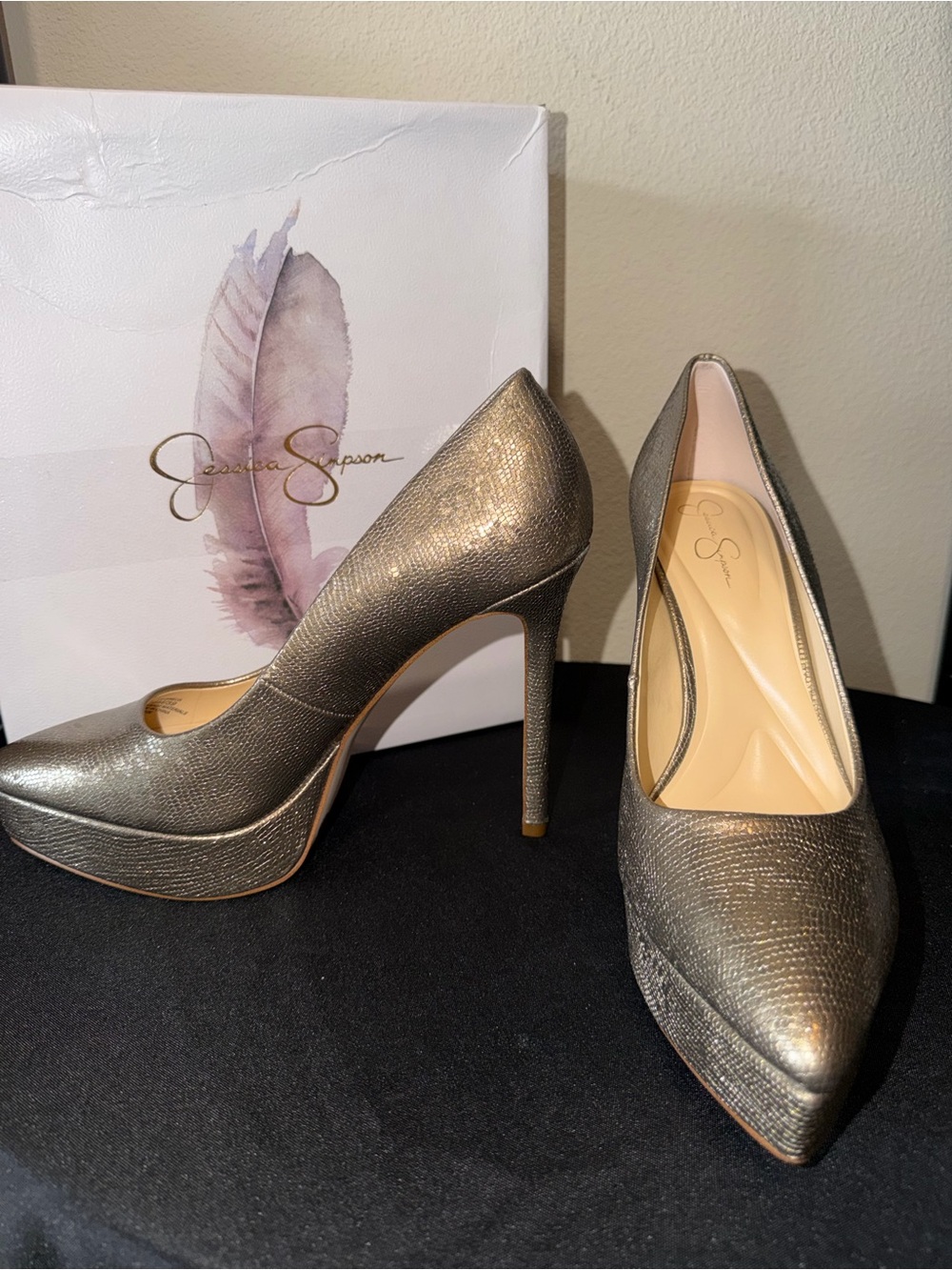 Jessica Simpson “Sinelia” Metallic Pointed-Toe Platform Pumps
